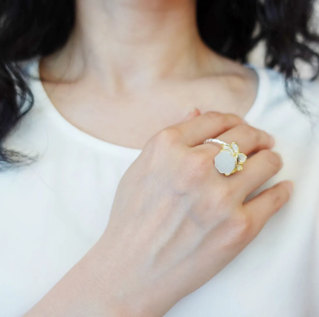 Silver White Jade Lotus Ring