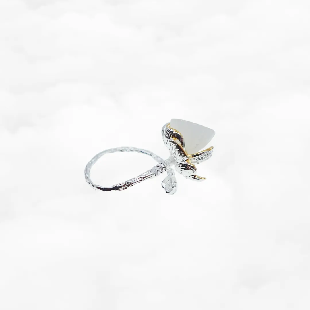 Silver White Jade Lotus Ring