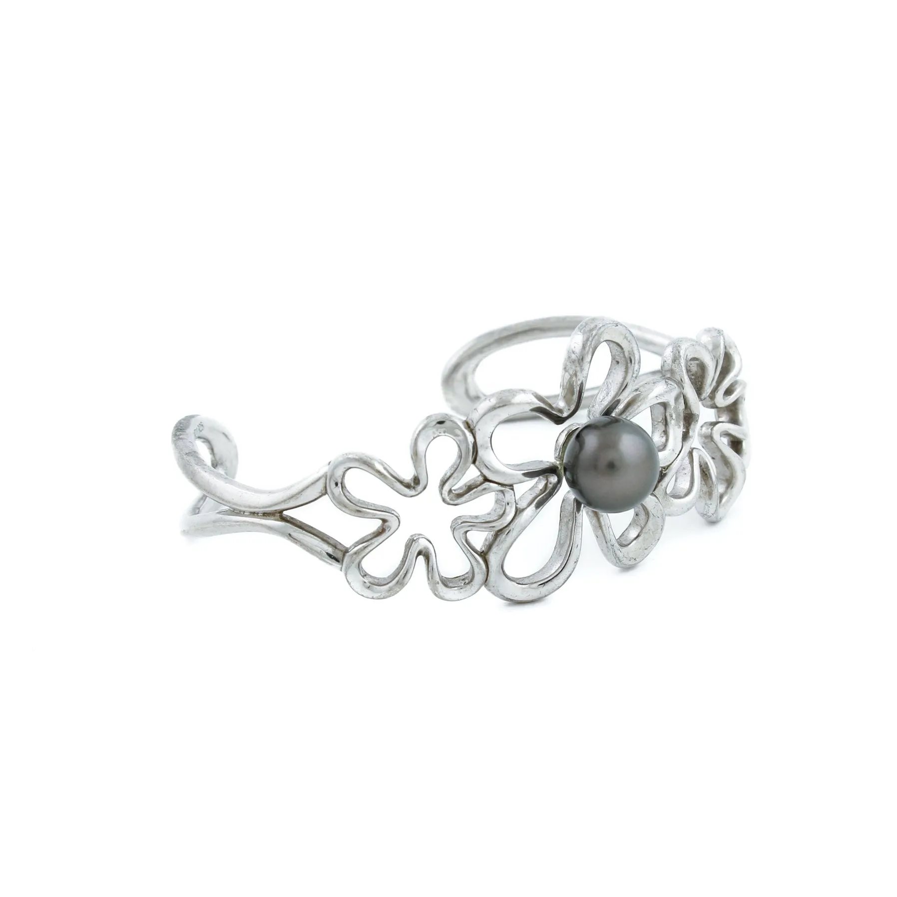 Silver x 8mm Tahitian Black Pearl Floating Plumeria Cuff