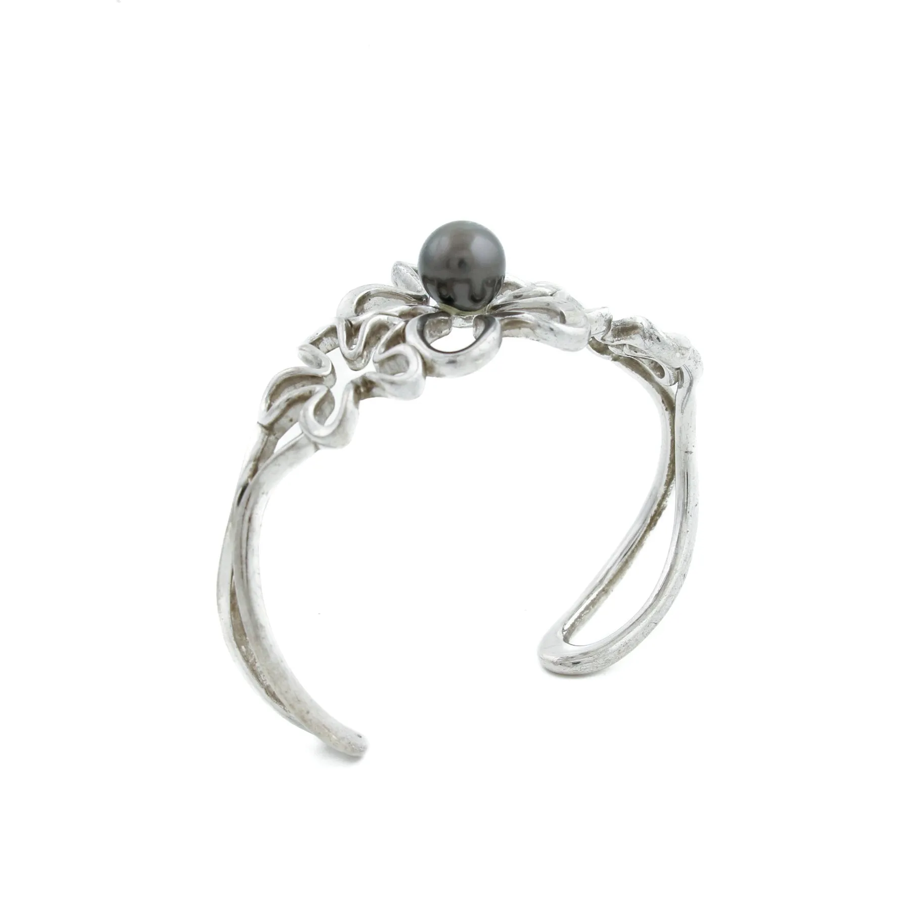 Silver x 8mm Tahitian Black Pearl Floating Plumeria Cuff