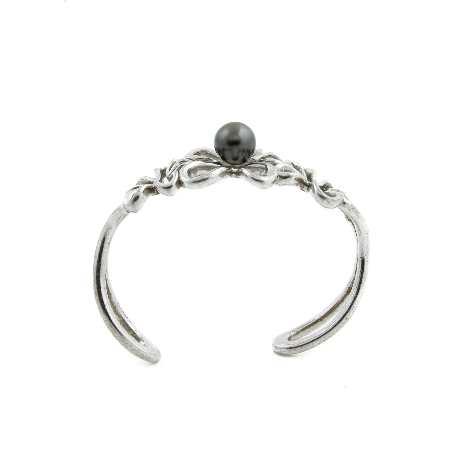Silver x 8mm Tahitian Black Pearl Floating Plumeria Cuff