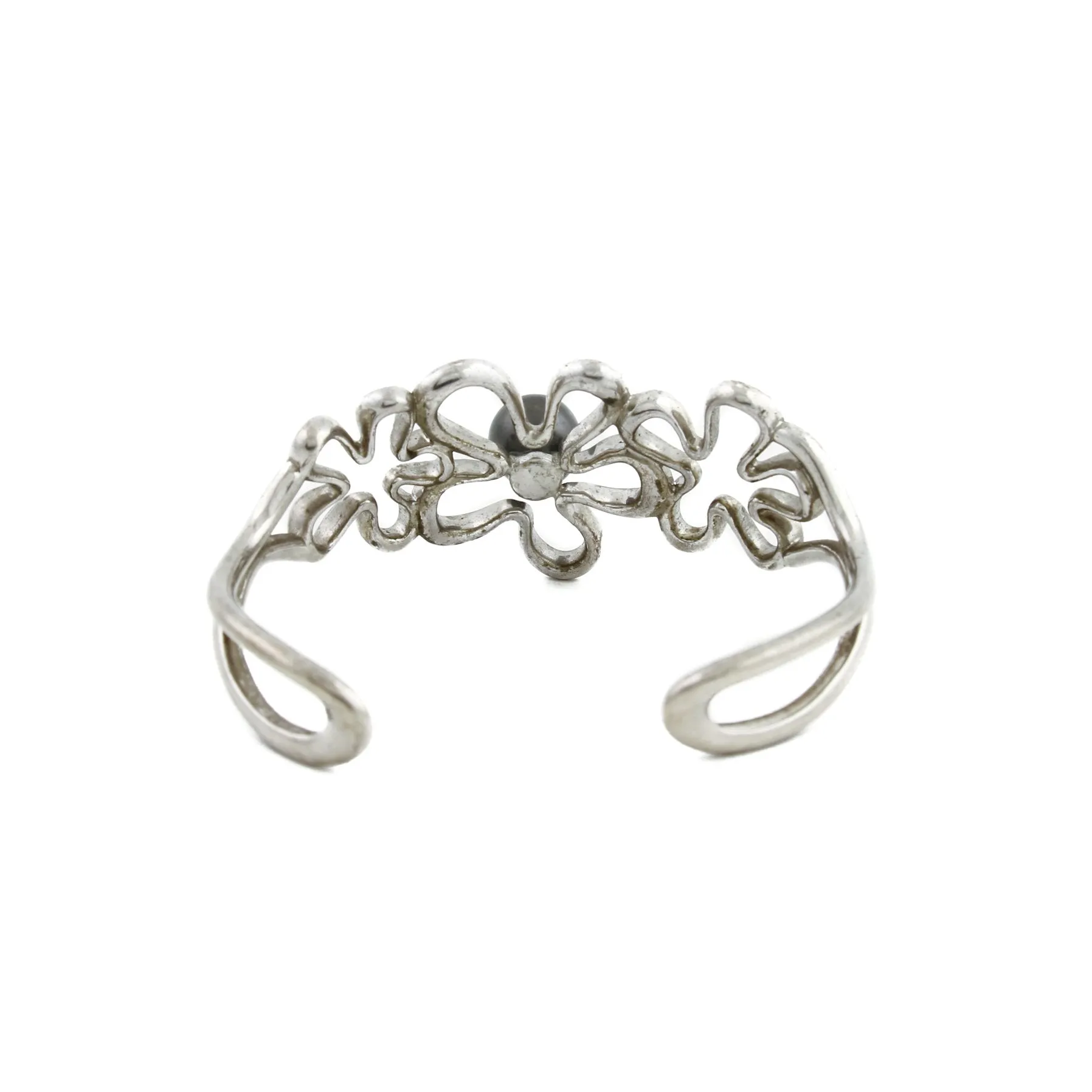 Silver x 8mm Tahitian Black Pearl Floating Plumeria Cuff