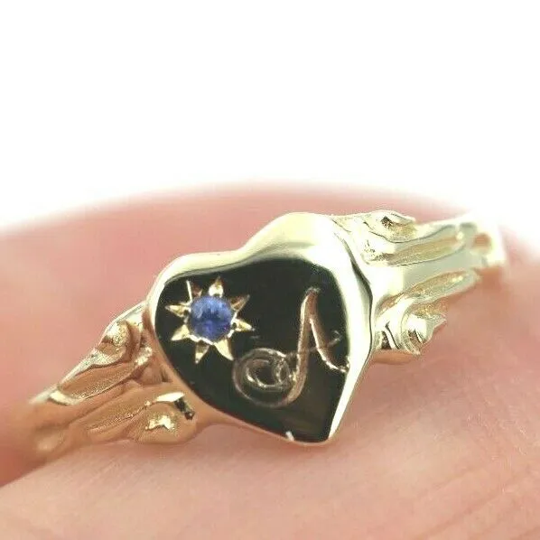 Size K 9ct Yellow, Rose or White Gold Heart Signet ring Set Blue Sapphire   Engraving 1 initial