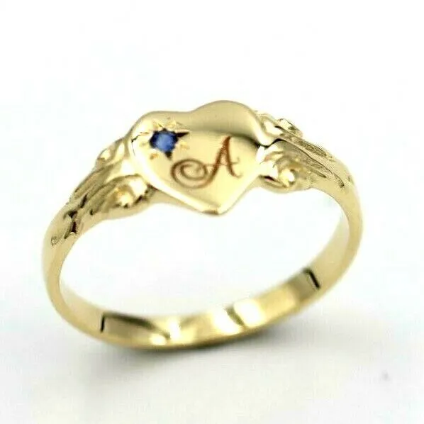 Size K 9ct Yellow, Rose or White Gold Heart Signet ring Set Blue Sapphire   Engraving 1 initial