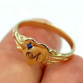 Size K 9ct Yellow, Rose or White Gold Heart Signet ring Set Blue Sapphire   Engraving 1 initial