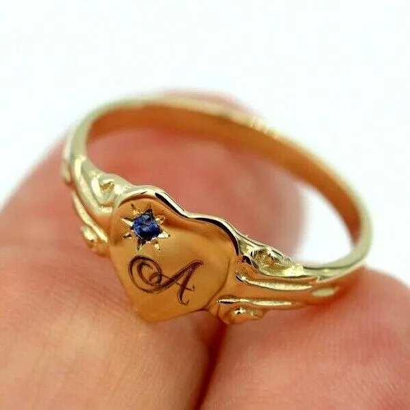Size K 9ct Yellow, Rose or White Gold Heart Signet ring Set Blue Sapphire   Engraving 1 initial