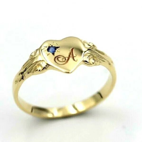 Size K 9ct Yellow, Rose or White Gold Heart Signet ring Set Blue Sapphire   Engraving 1 initial