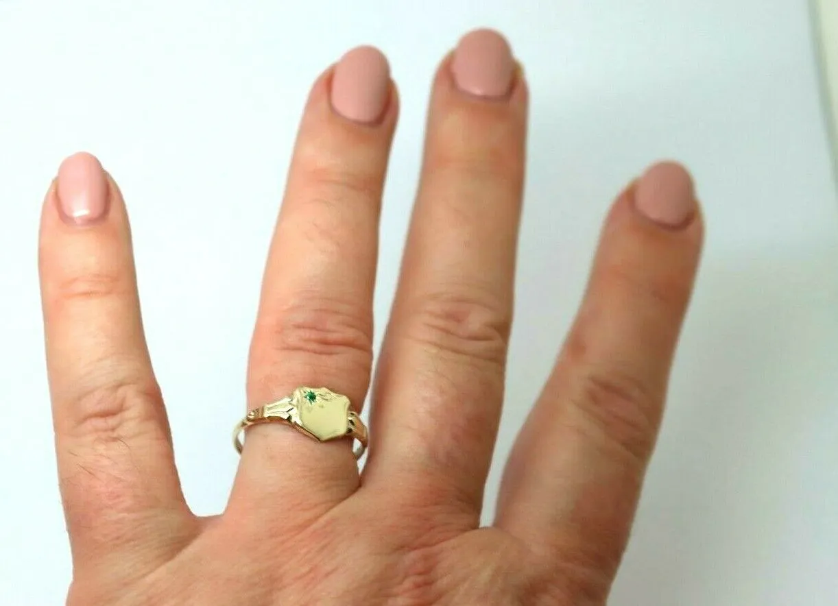 Size S  /  9 1/8  Genuine 9ct Small Yellow, Rose or White Gold Childs Emerald Shield Signet Ring
