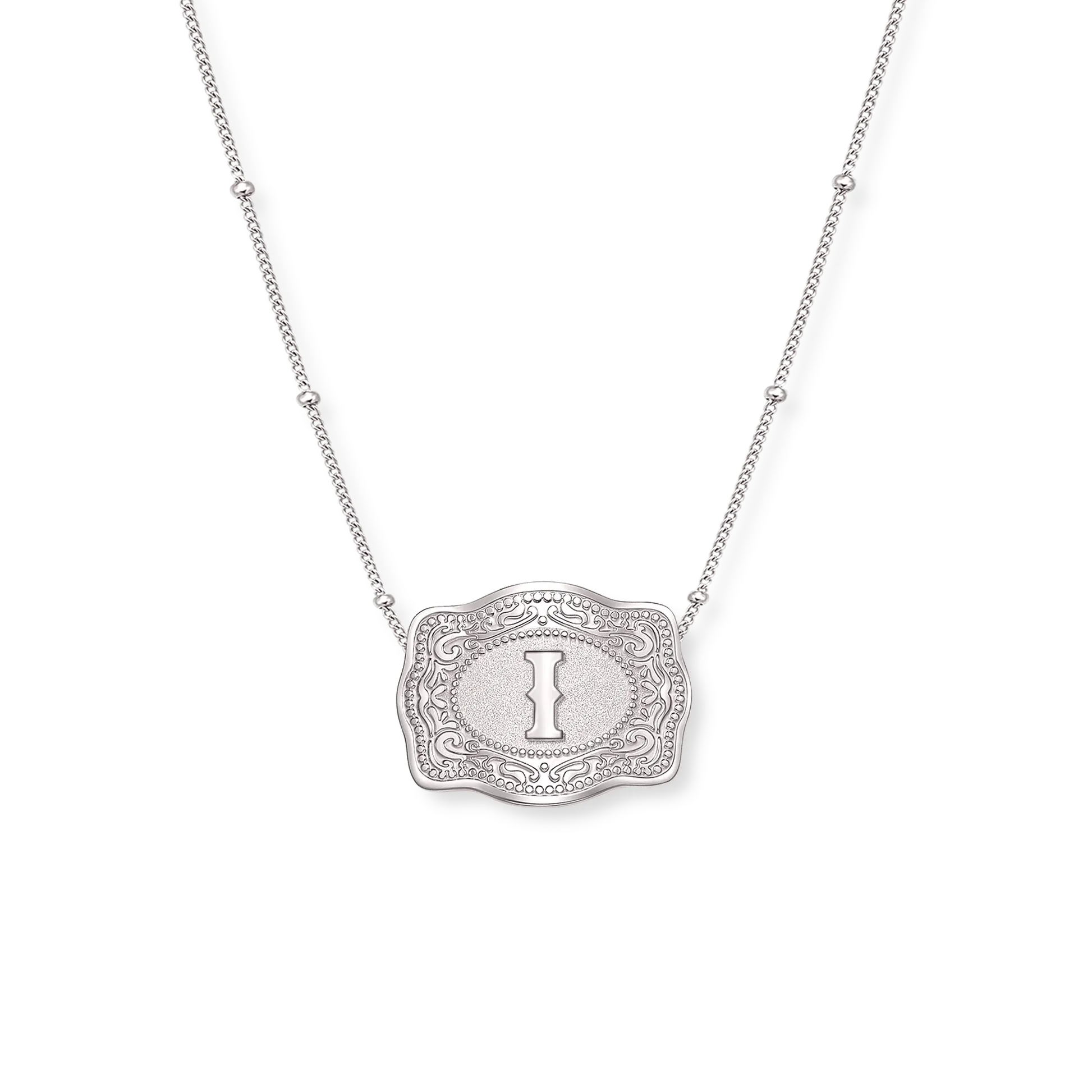 SpurWest Trading Co. Original Embossed Silver Initial Mini Belt Buckle Beaded Chain Necklace