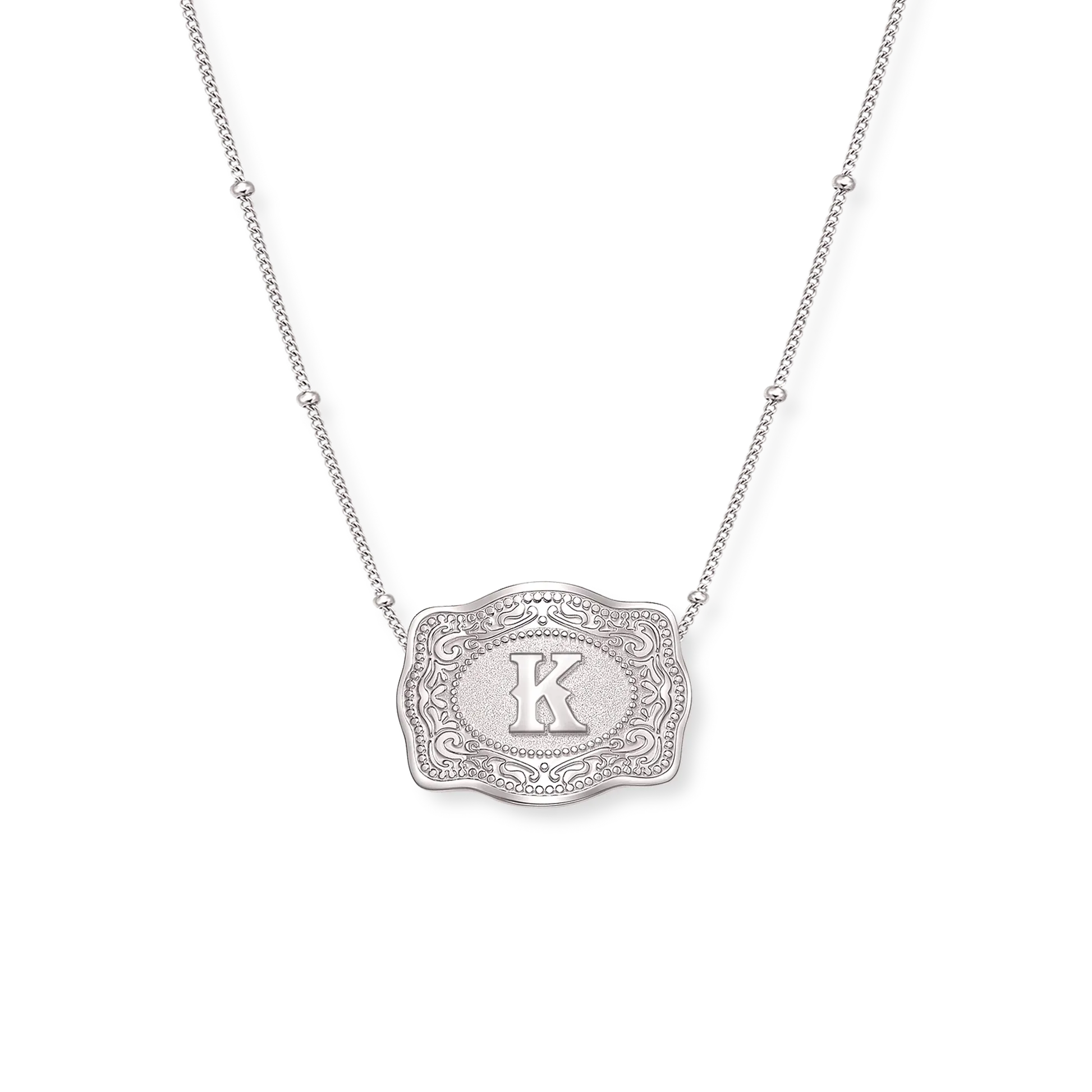 SpurWest Trading Co. Original Embossed Silver Initial Mini Belt Buckle Beaded Chain Necklace