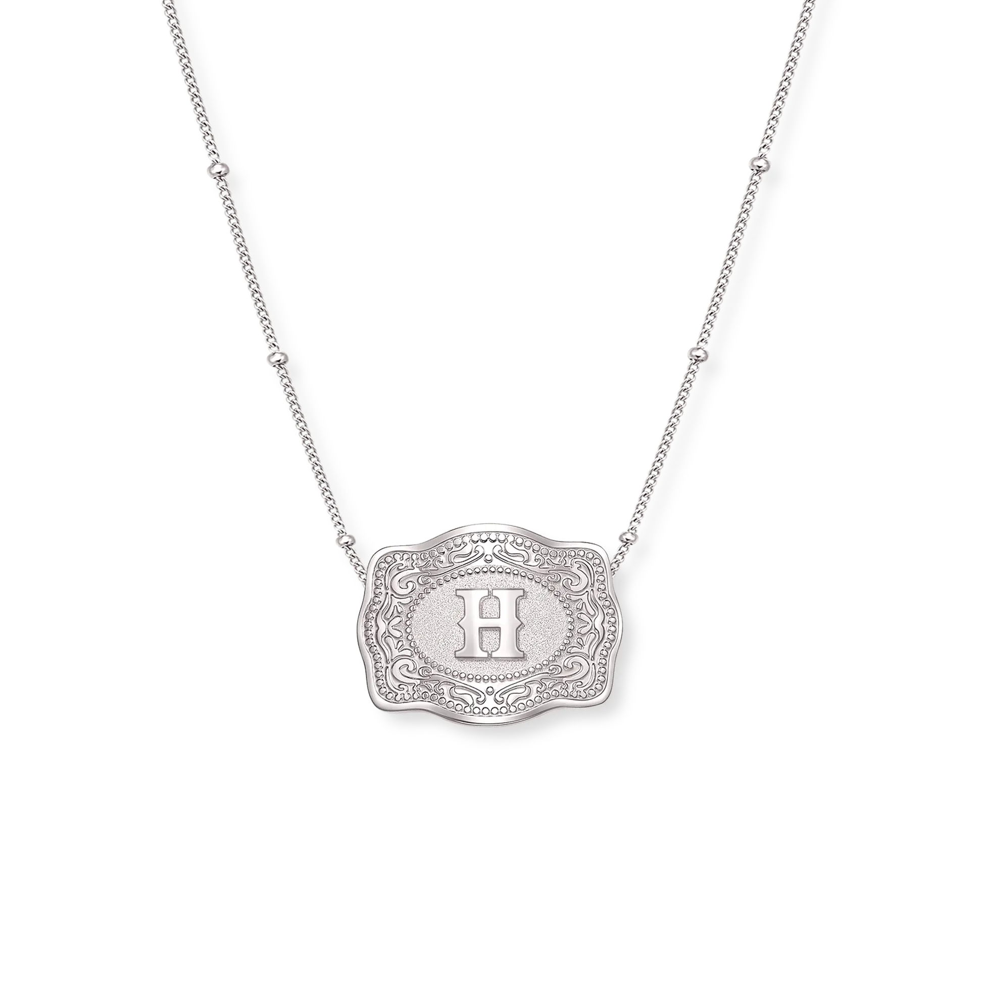 SpurWest Trading Co. Original Embossed Silver Initial Mini Belt Buckle Beaded Chain Necklace