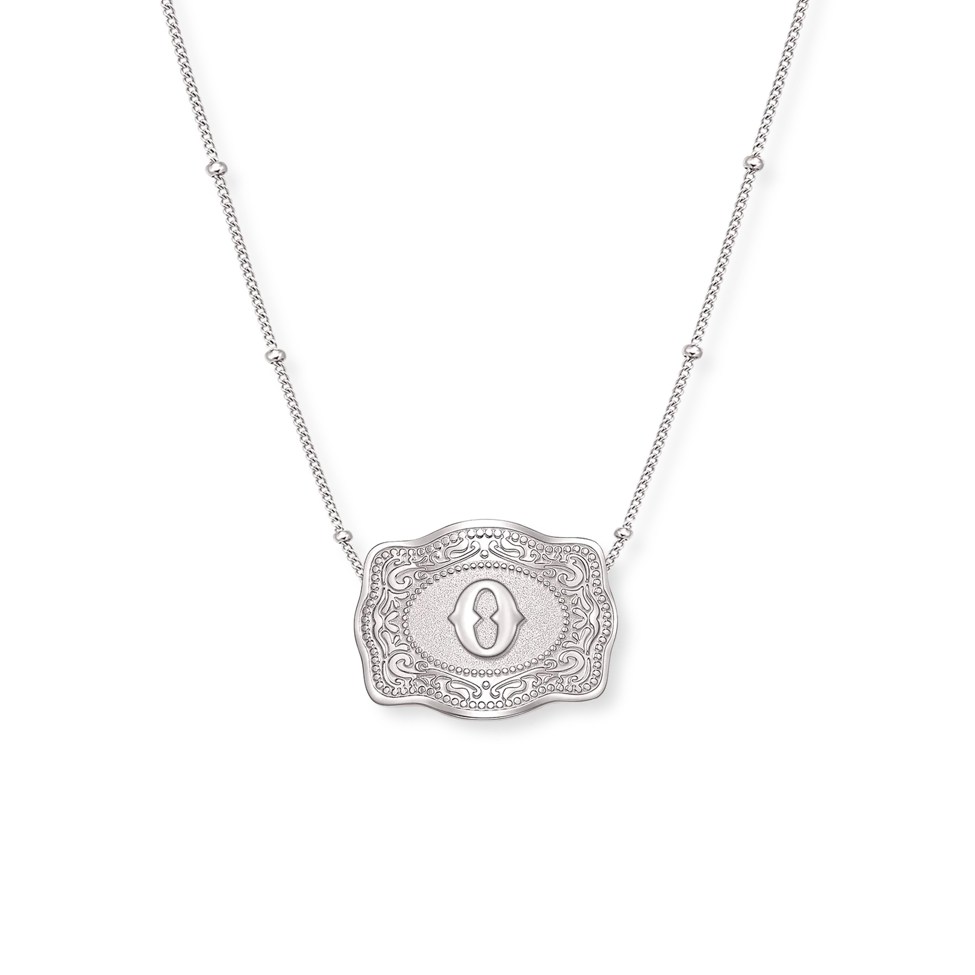 SpurWest Trading Co. Original Embossed Silver Initial Mini Belt Buckle Beaded Chain Necklace