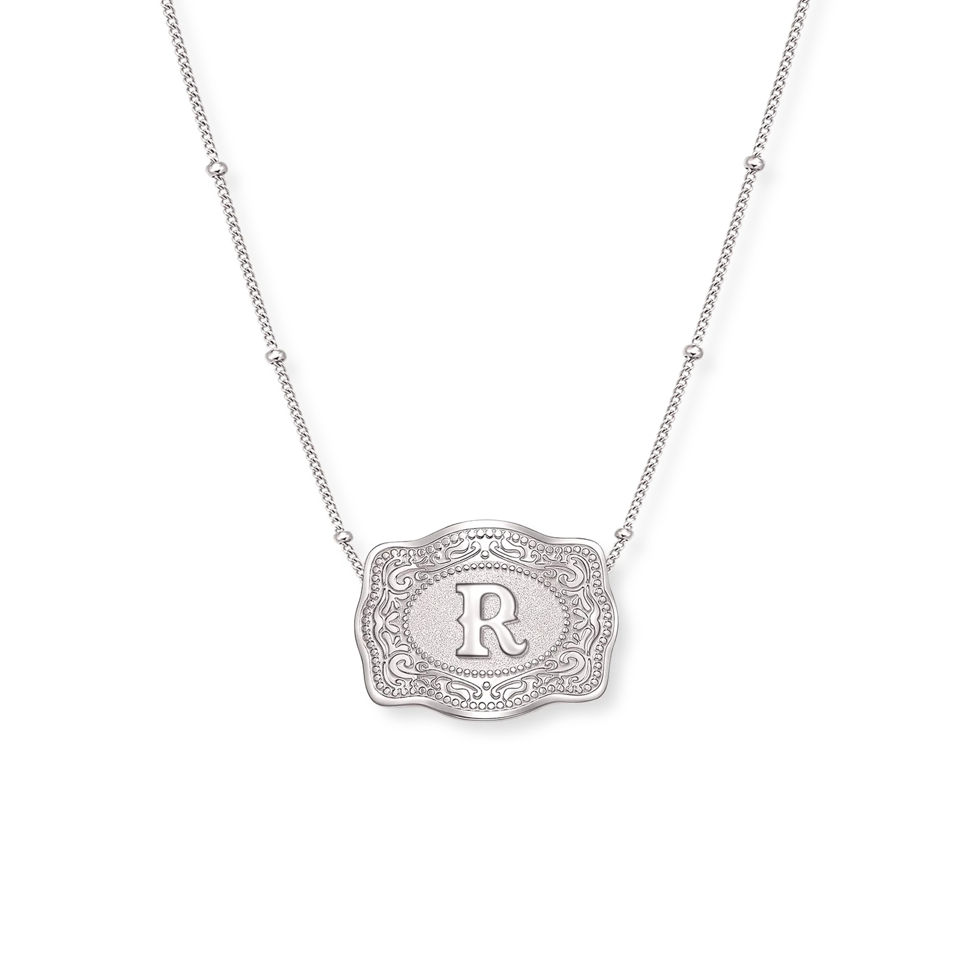SpurWest Trading Co. Original Embossed Silver Initial Mini Belt Buckle Beaded Chain Necklace