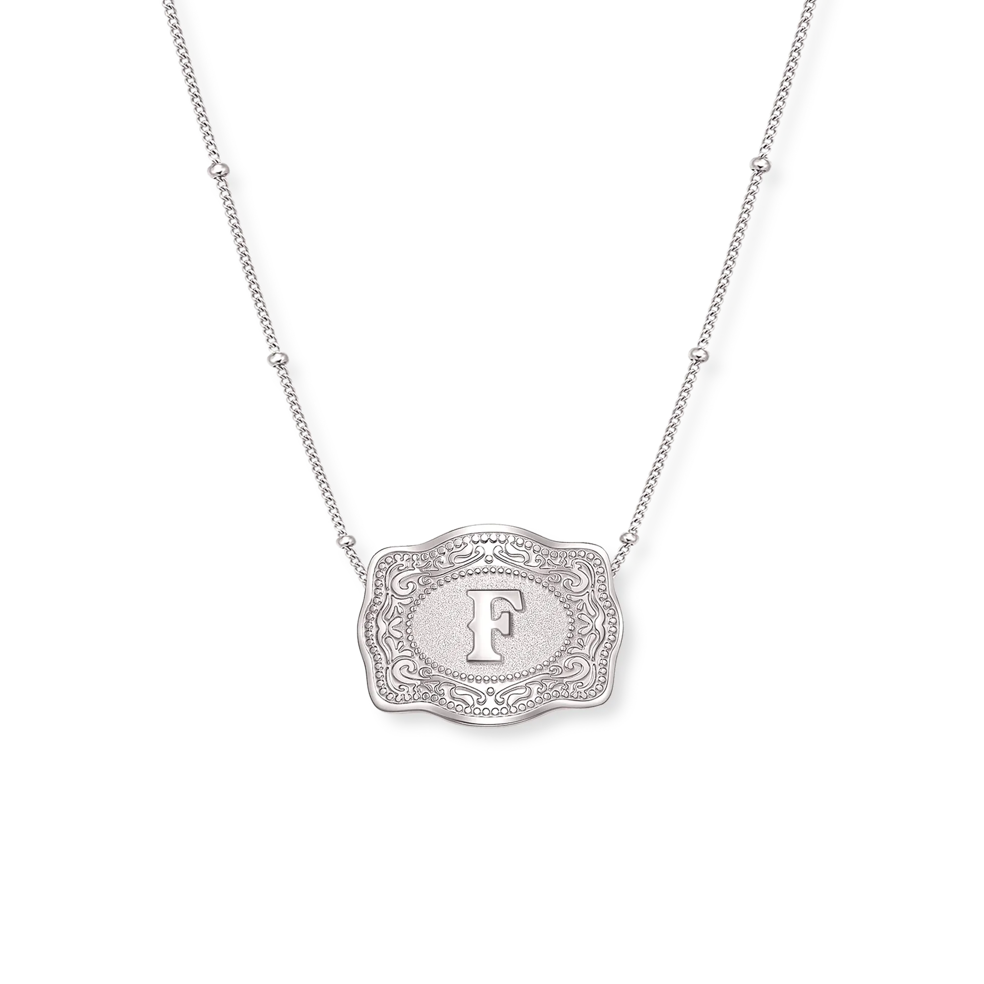 SpurWest Trading Co. Original Embossed Silver Initial Mini Belt Buckle Beaded Chain Necklace