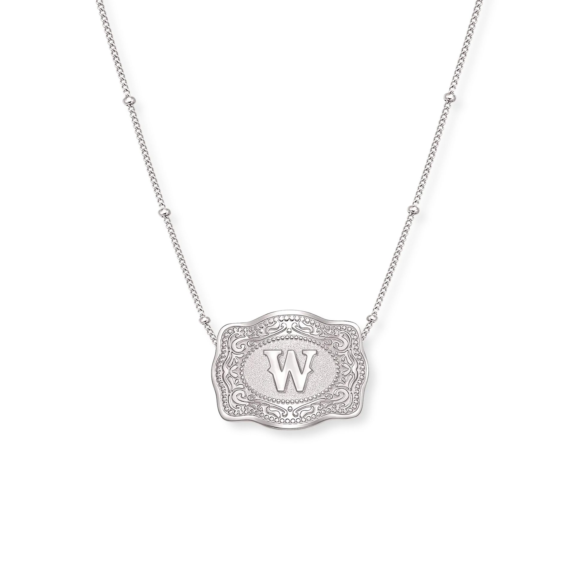 SpurWest Trading Co. Original Embossed Silver Initial Mini Belt Buckle Beaded Chain Necklace