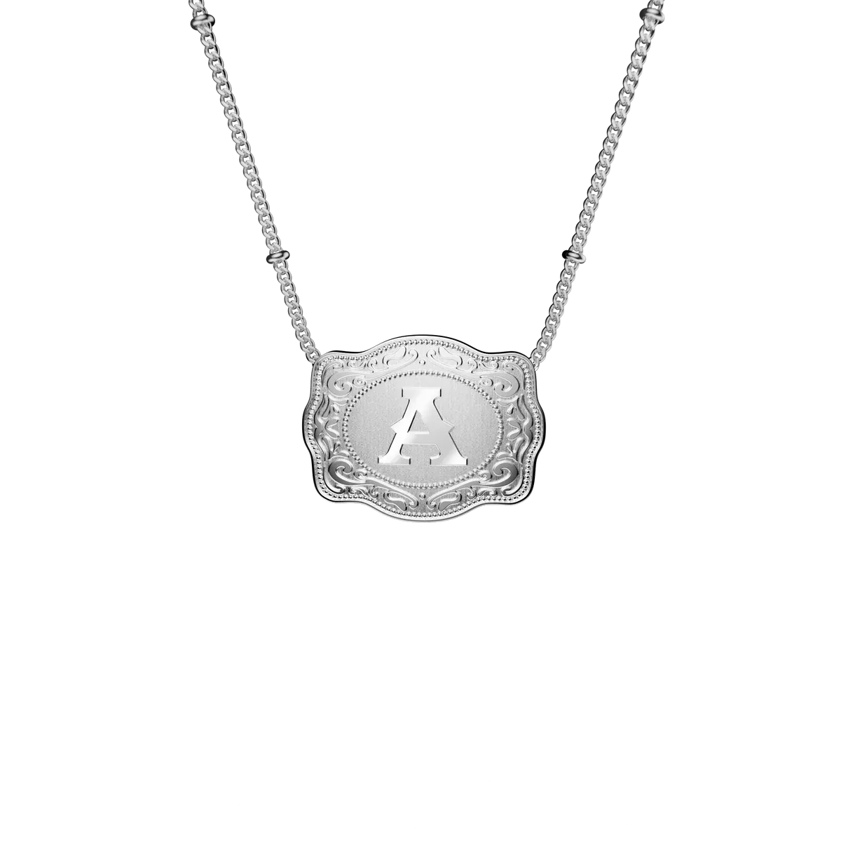 SpurWest Trading Co. Original Embossed Silver Initial Mini Belt Buckle Beaded Chain Necklace
