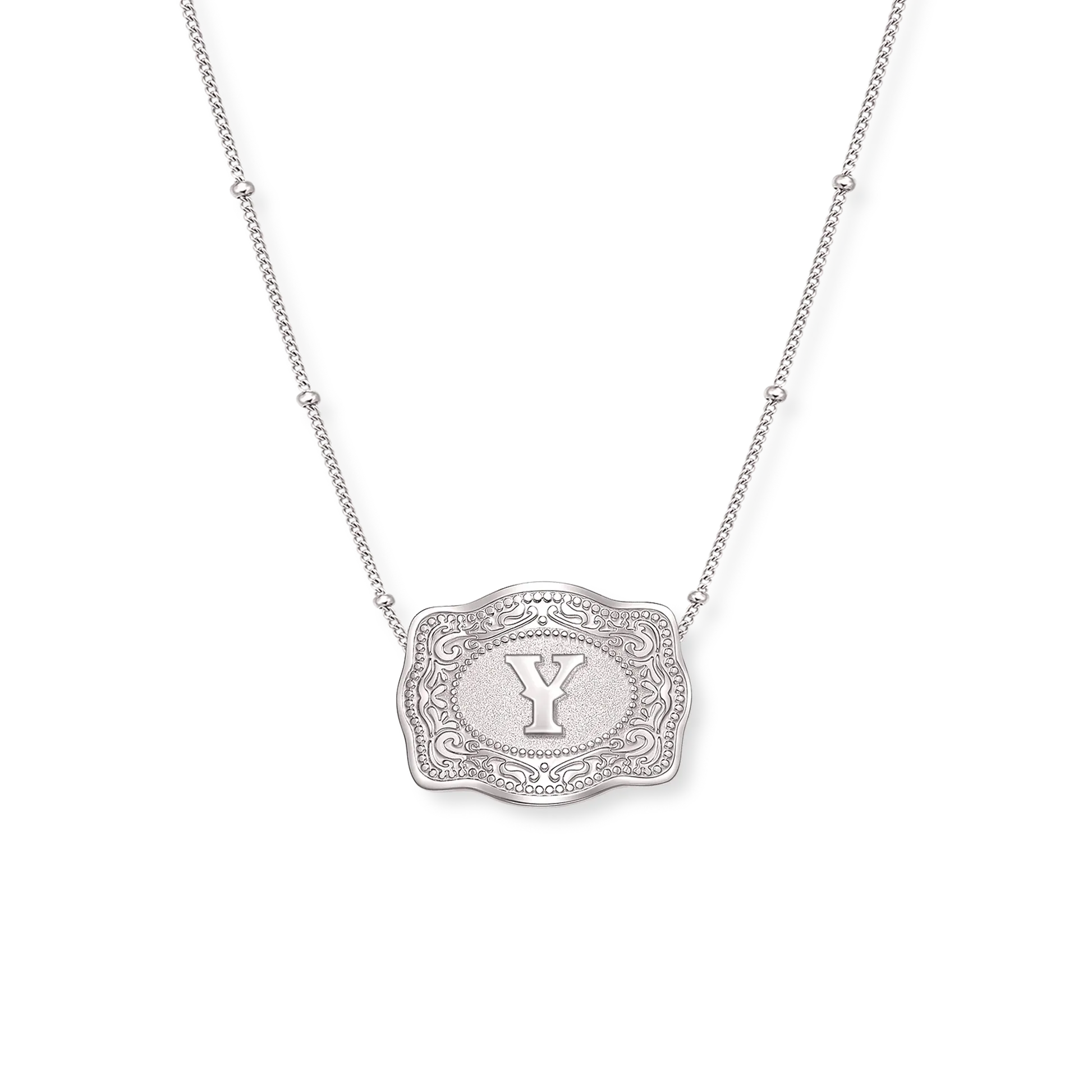 SpurWest Trading Co. Original Embossed Silver Initial Mini Belt Buckle Beaded Chain Necklace