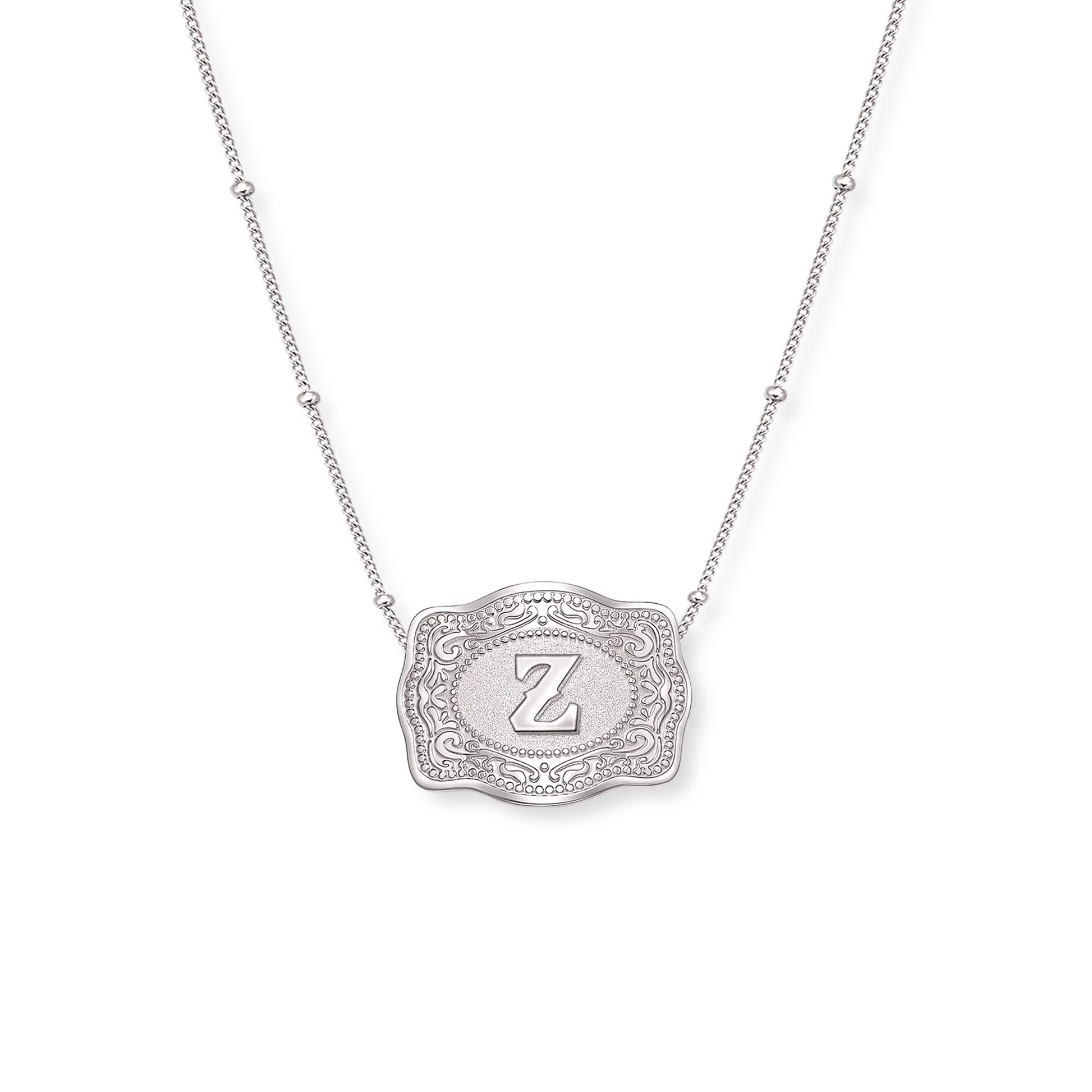 SpurWest Trading Co. Original Embossed Silver Initial Mini Belt Buckle Beaded Chain Necklace
