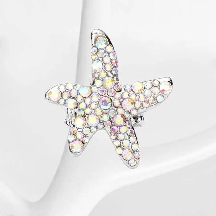 Starfish Bubble Abalone Stone Embellished Silver Stretch Ring