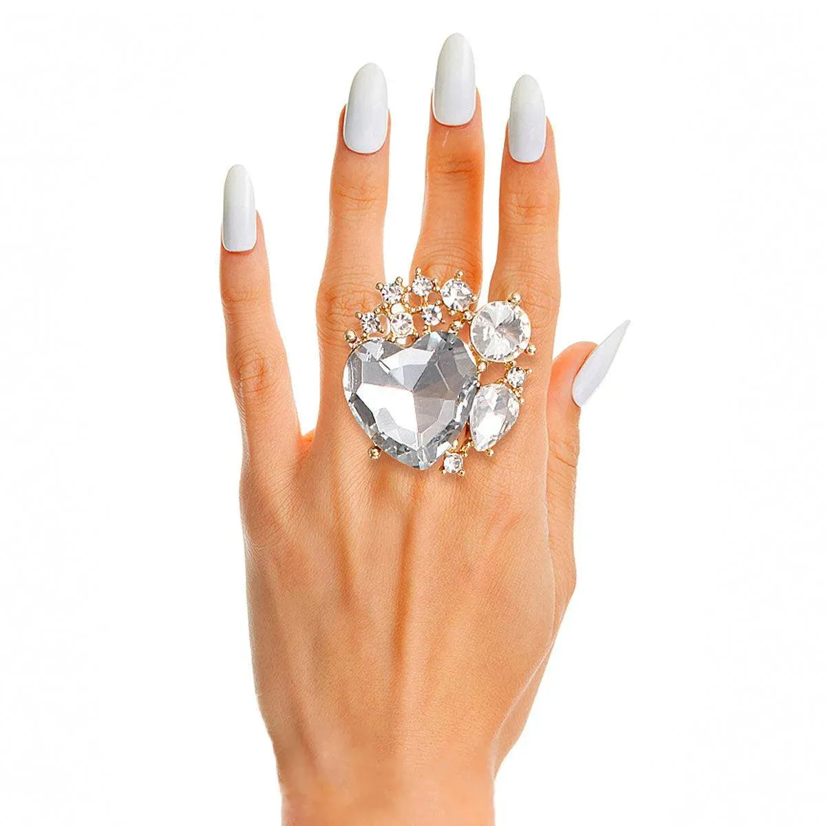 Stunning Cocktail Ring Acrylic Crystal Heart Gold Plated