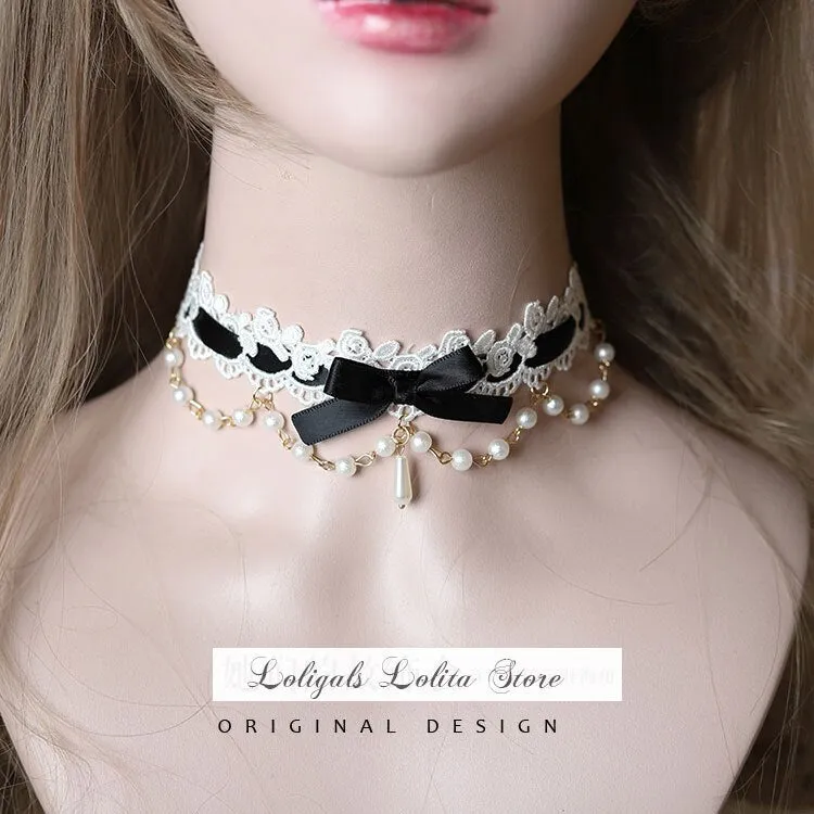 Sweet Lolita Chocker Necklace Cute Bowknot Chocker with Beaded Chain