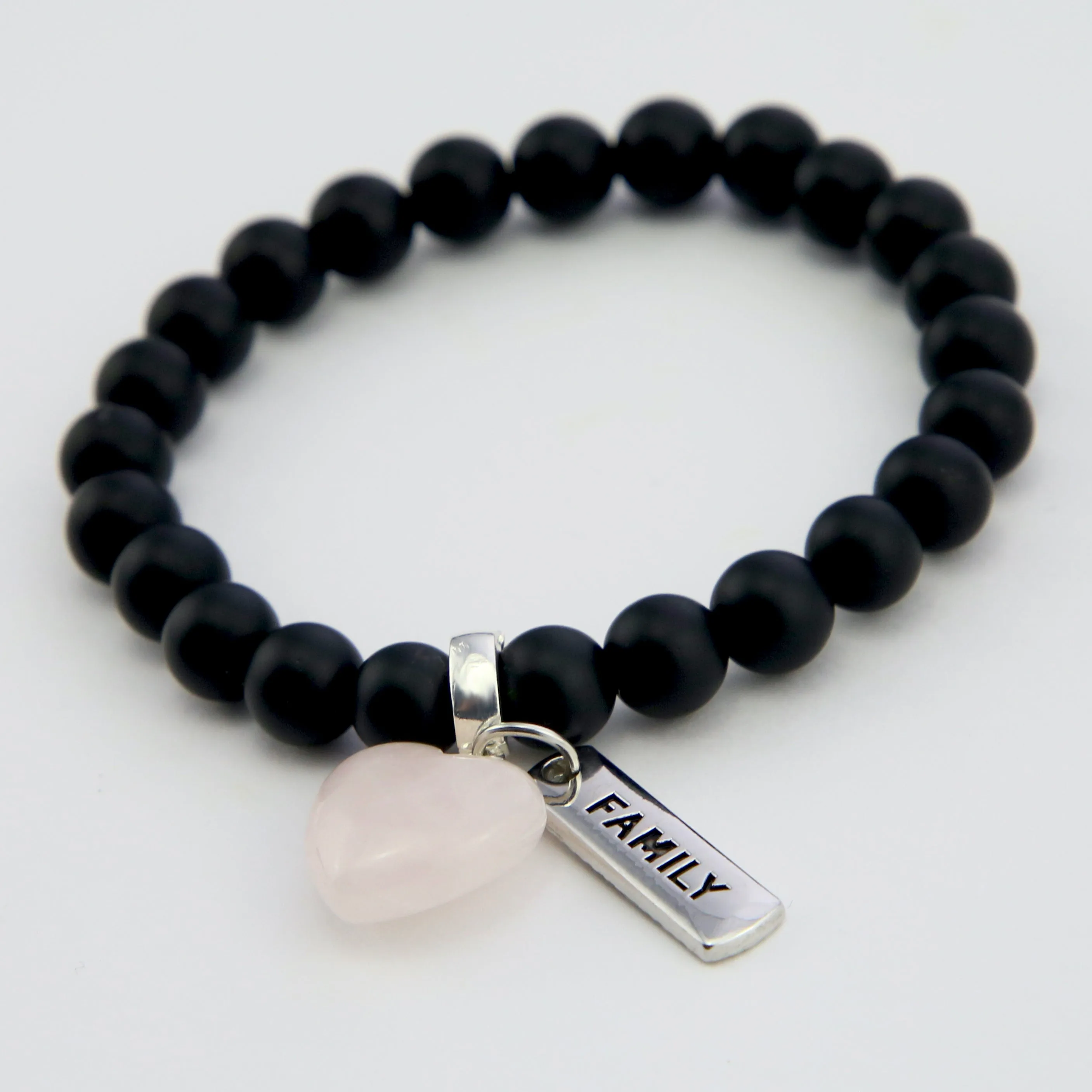 SWEETHEART Bracelet - 8mm MATT BLACK ONYX stone beads with Small ROSE QUARTZ Heart & Word Charm