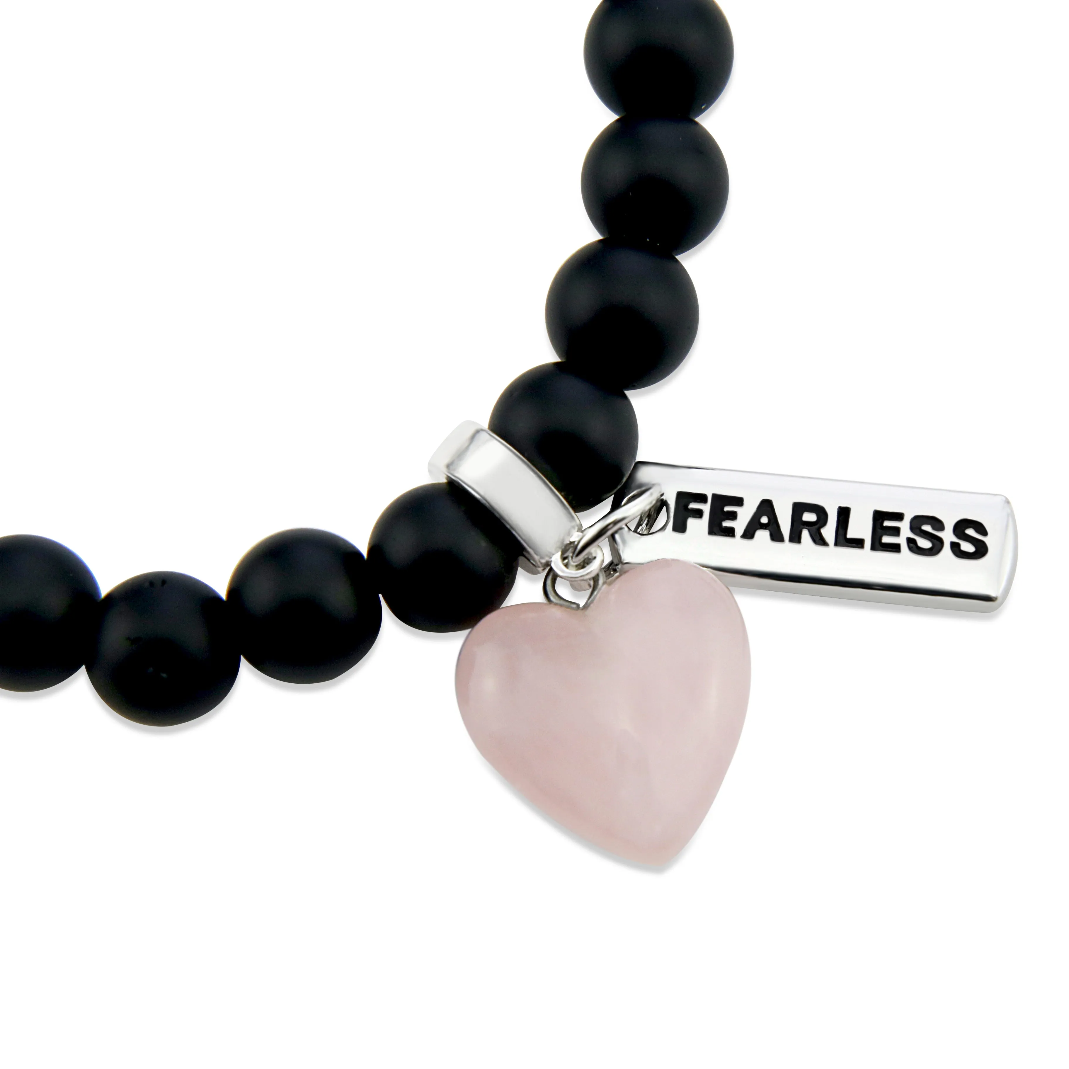 SWEETHEART Bracelet - 8mm MATT BLACK ONYX stone beads with Small ROSE QUARTZ Heart & Word Charm