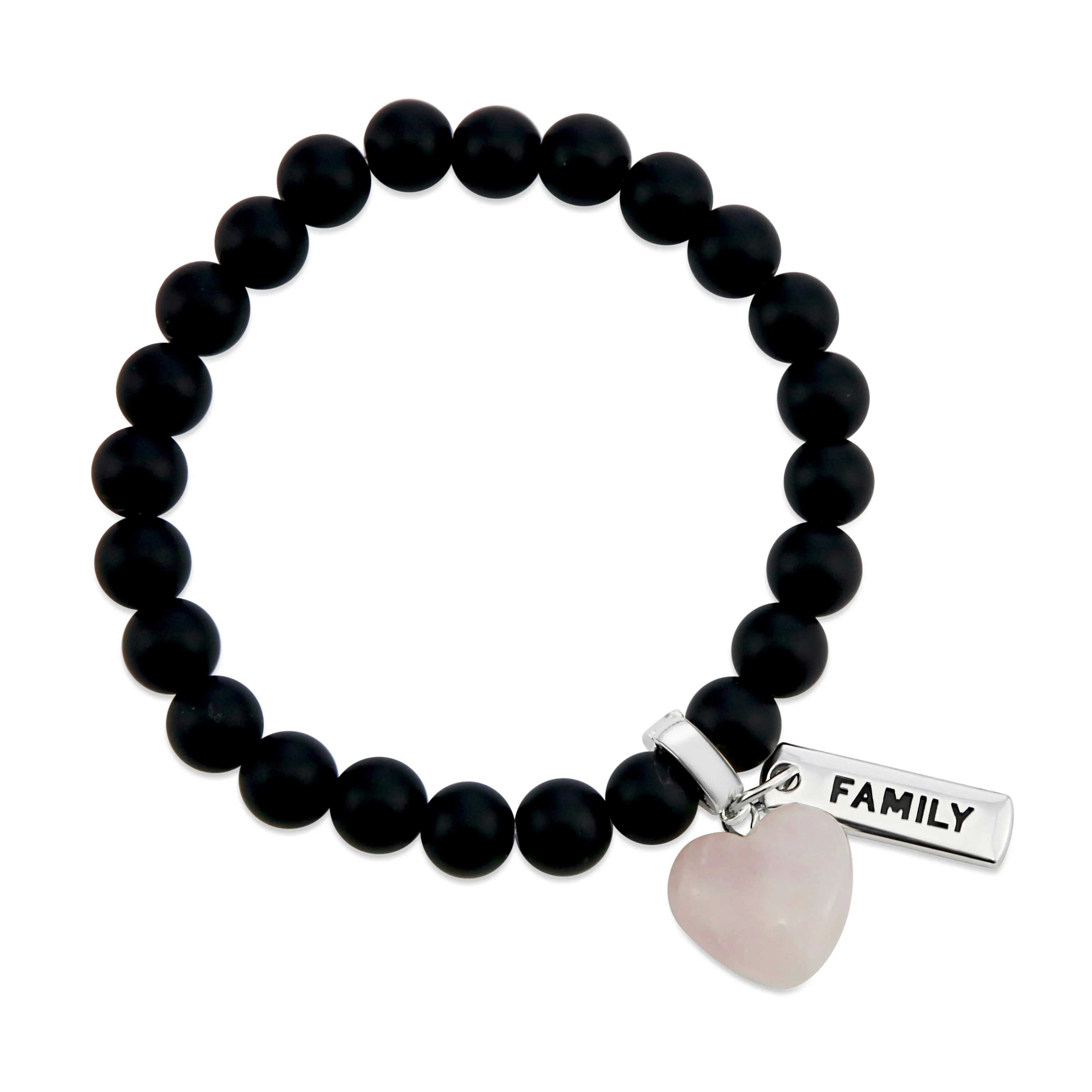 SWEETHEART Bracelet - 8mm MATT BLACK ONYX stone beads with Small ROSE QUARTZ Heart & Word Charm