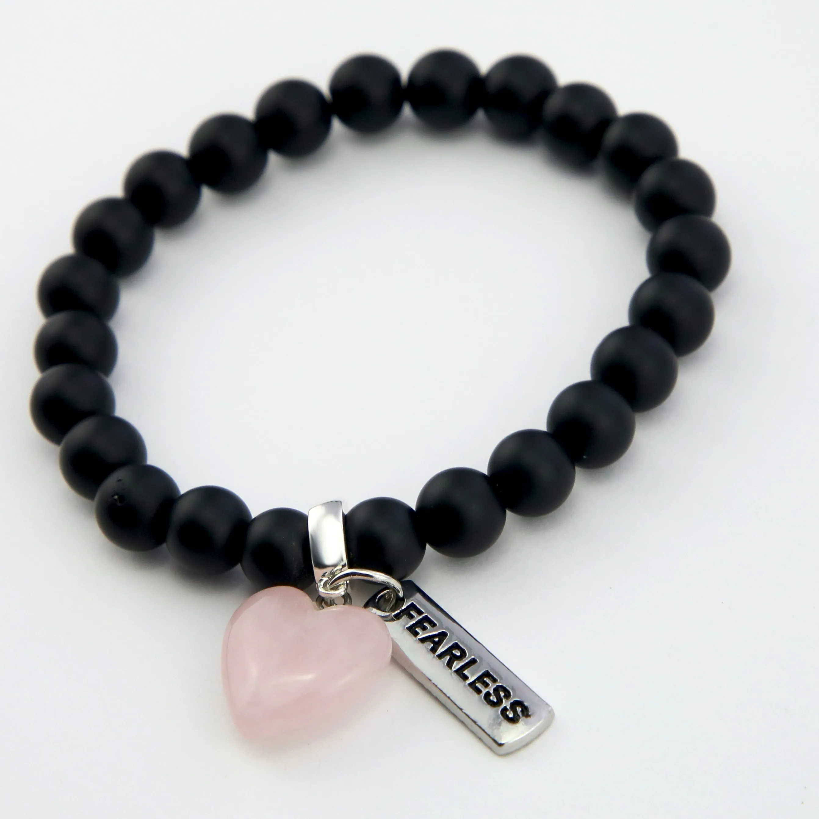 SWEETHEART Bracelet - 8mm MATT BLACK ONYX stone beads with Small ROSE QUARTZ Heart & Word Charm