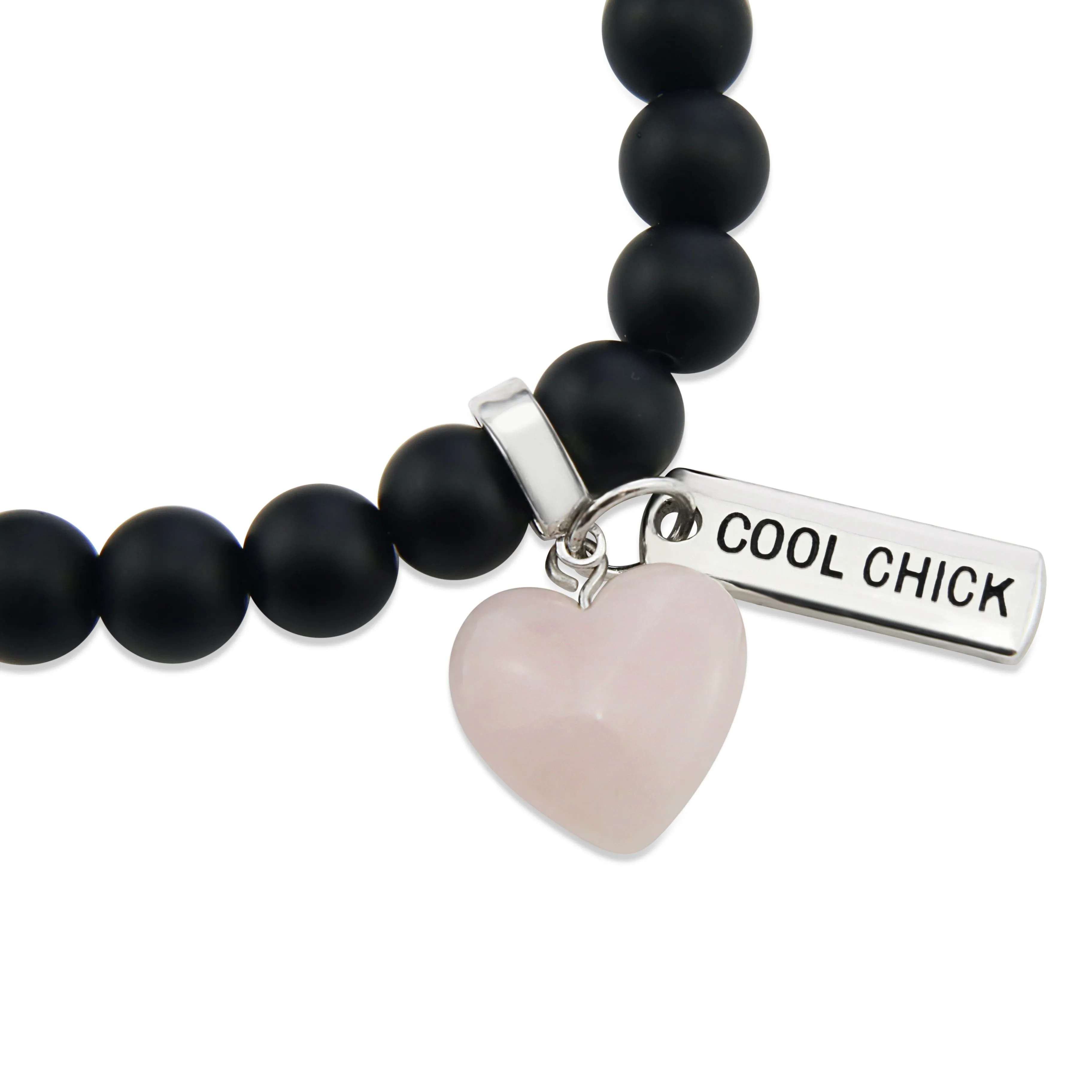 SWEETHEART Bracelet - 8mm MATT BLACK ONYX stone beads with Small ROSE QUARTZ Heart & Word Charm