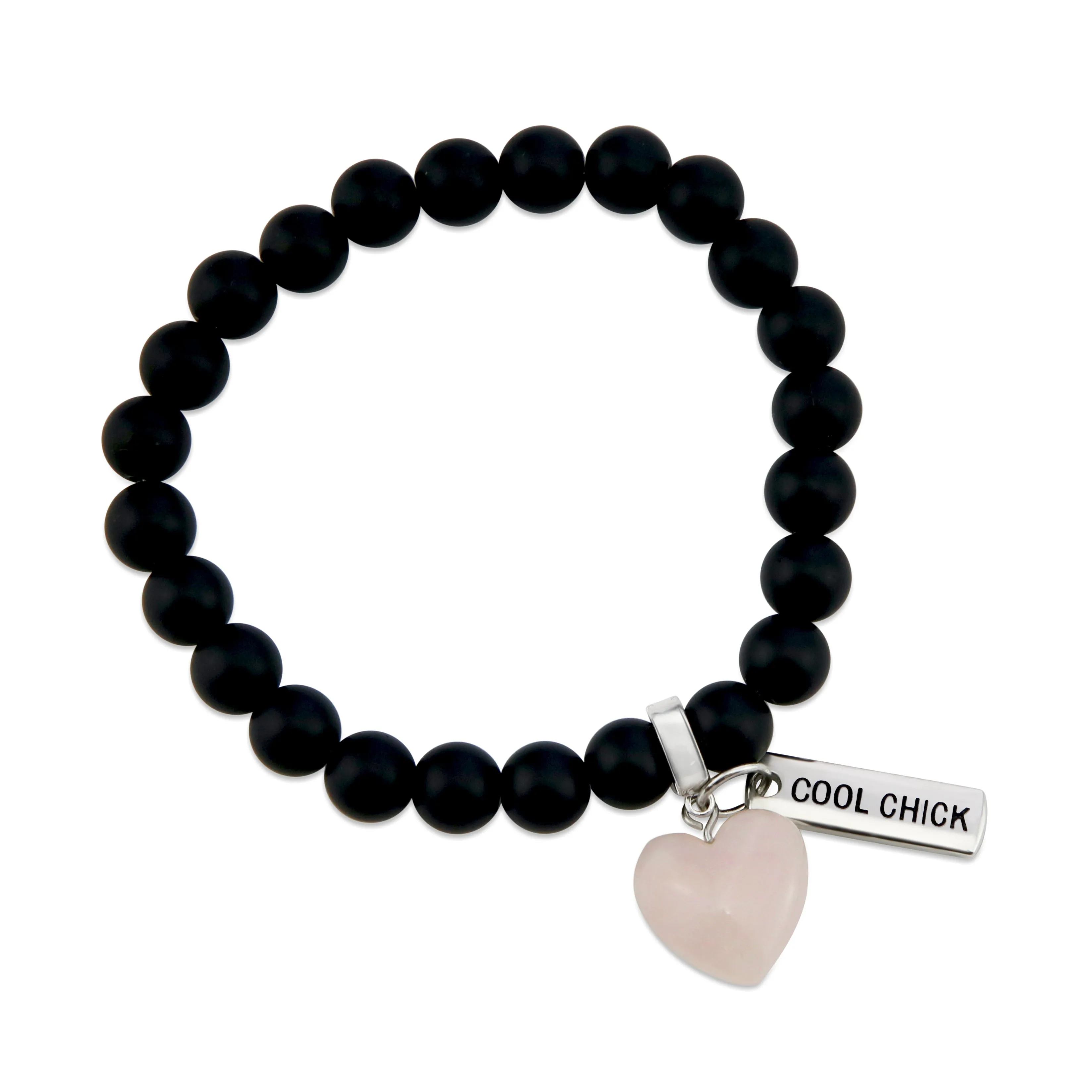 SWEETHEART Bracelet - 8mm MATT BLACK ONYX stone beads with Small ROSE QUARTZ Heart & Word Charm