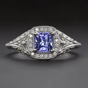 TANZANITE DIAMOND COCKTAIL RING VINTAGE STYLE HALO 14k WHITE GOLD FLORAL BLUE