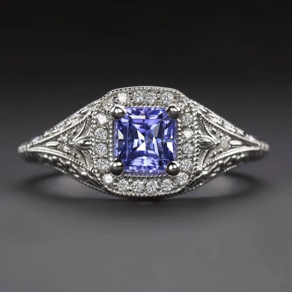 TANZANITE DIAMOND COCKTAIL RING VINTAGE STYLE HALO 14k WHITE GOLD FLORAL BLUE
