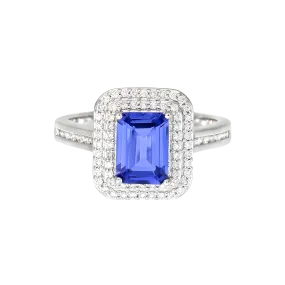 Tanzanite Octogon Double Decker Halo Ring in 18k White Gold