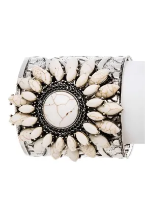 TEEK - Silver/White Genuine Stone Engraved Cuff Bangle