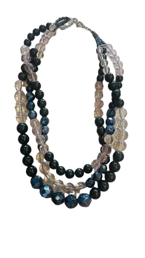 TRIPLE STRAND BLUE CLEAR BEADED NECKLACE