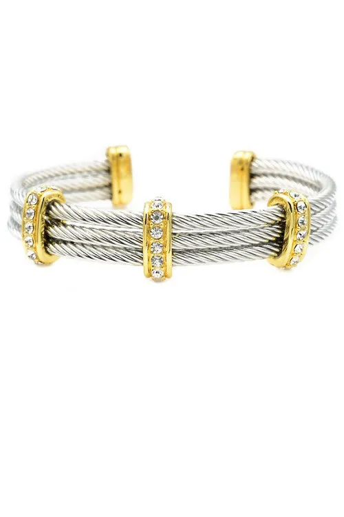 Two Tone Cubic Zirconia Open Cuff Cable Bracelet