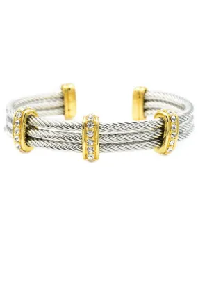 Two Tone Cubic Zirconia Open Cuff Cable Bracelet