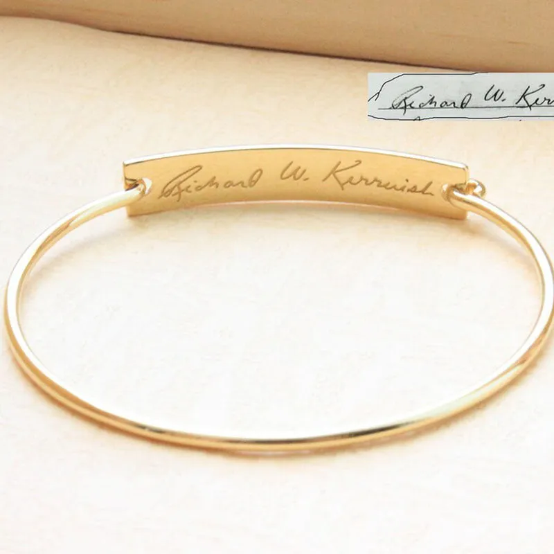 Unisex Personalized Laser Engraved Actual Handwriting Text Titanium Steel Bar Bracelet - Excellent Gift Idea