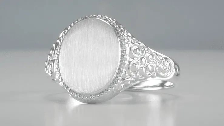 Victorian White Gold Oval Signet Ring with Engraved Side Scrolls