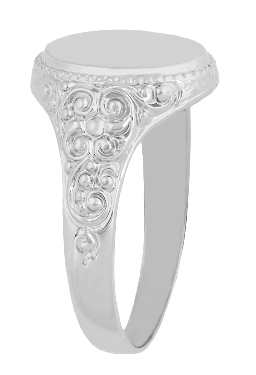 Victorian White Gold Oval Signet Ring with Engraved Side Scrolls