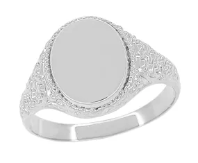 Victorian White Gold Oval Signet Ring with Engraved Side Scrolls