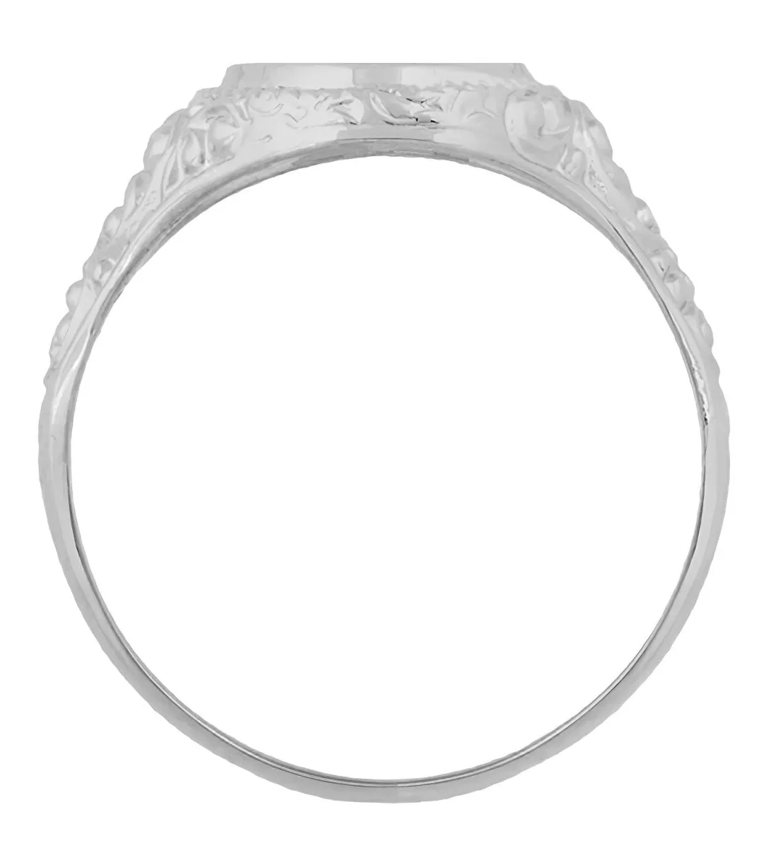 Victorian White Gold Oval Signet Ring with Engraved Side Scrolls