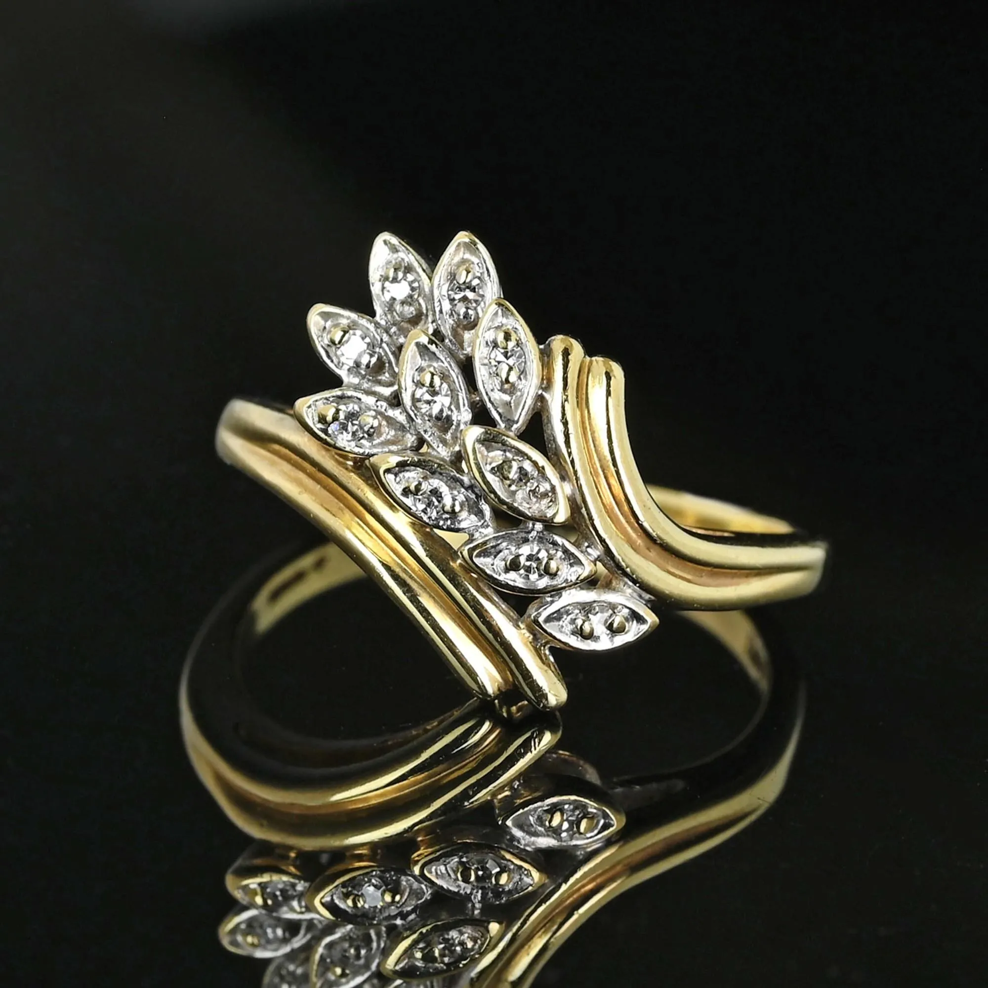 Vintage 10K Gold Bypass Diamond Leaf Ring