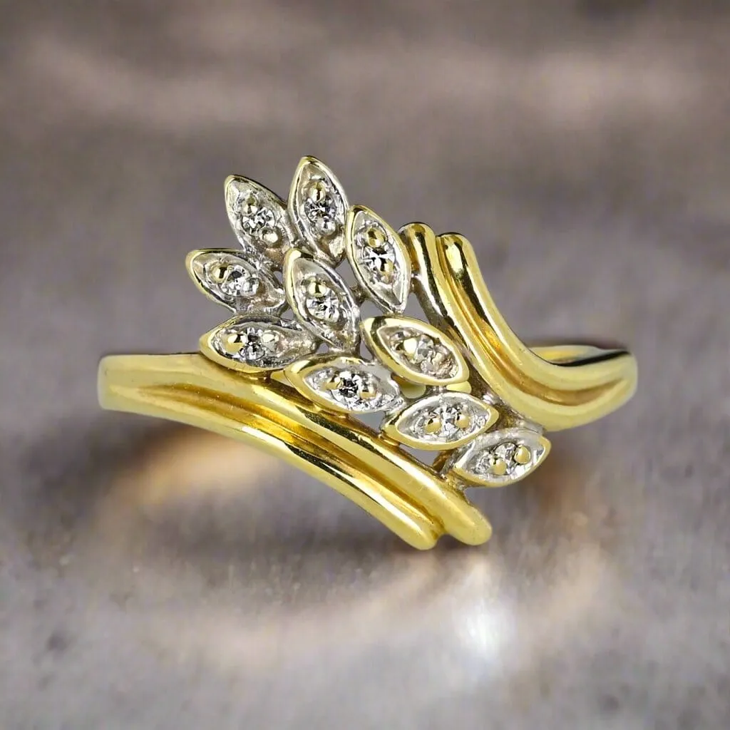 Vintage 10K Gold Bypass Diamond Leaf Ring