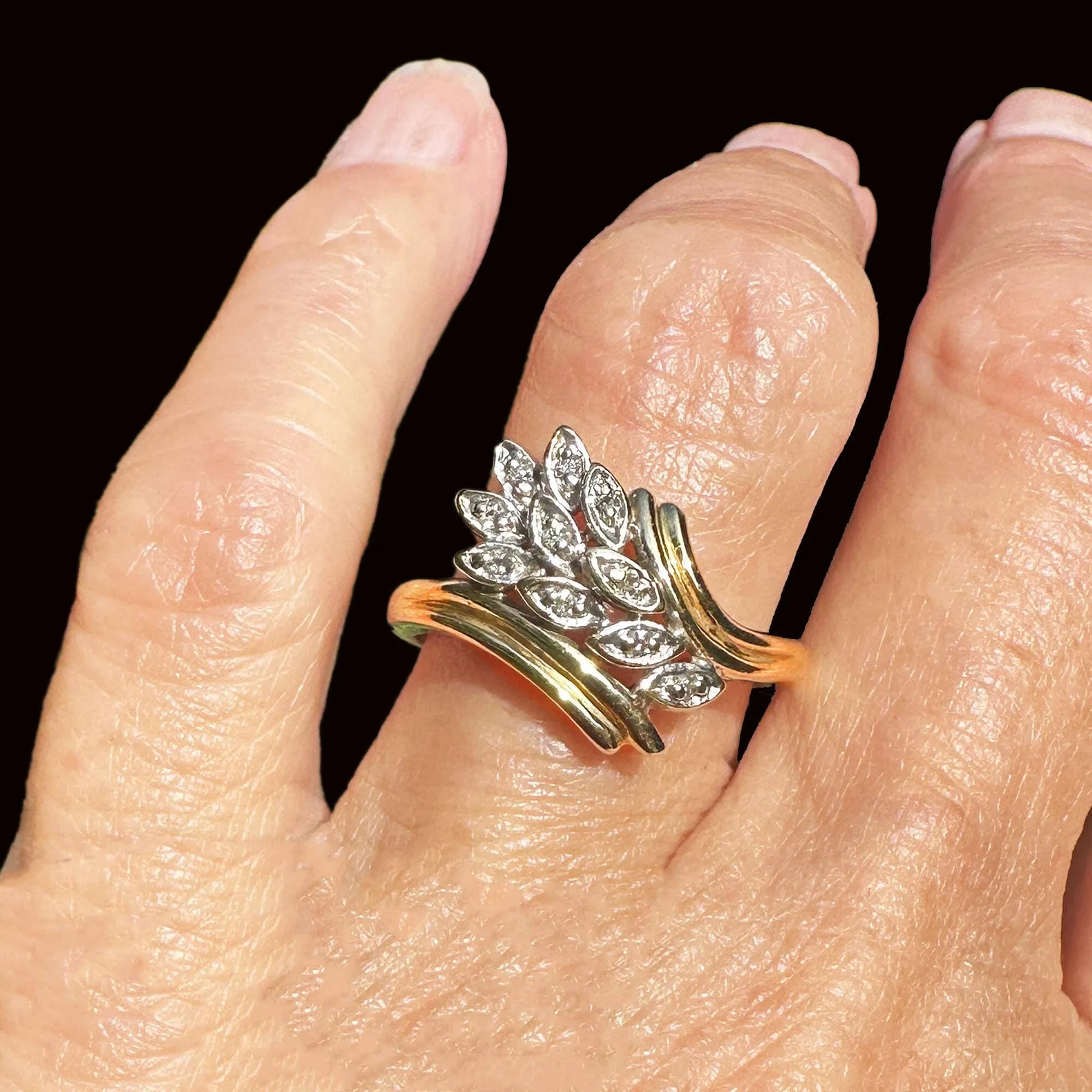 Vintage 10K Gold Bypass Diamond Leaf Ring
