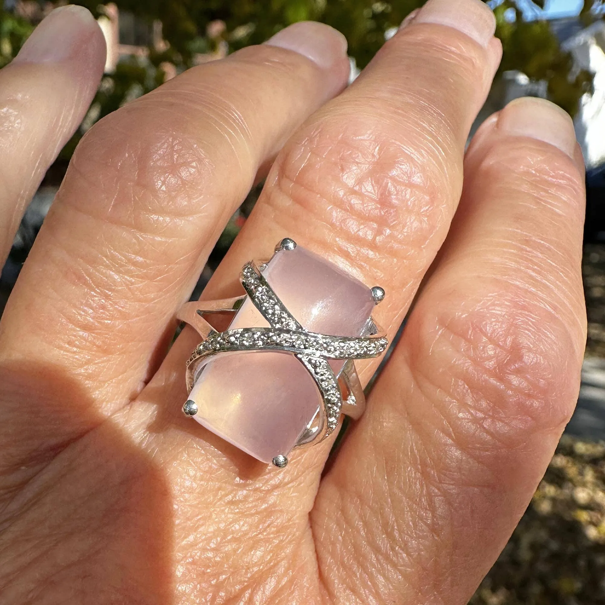 Vintage 14K White Gold Diamond Rose Quartz Ring