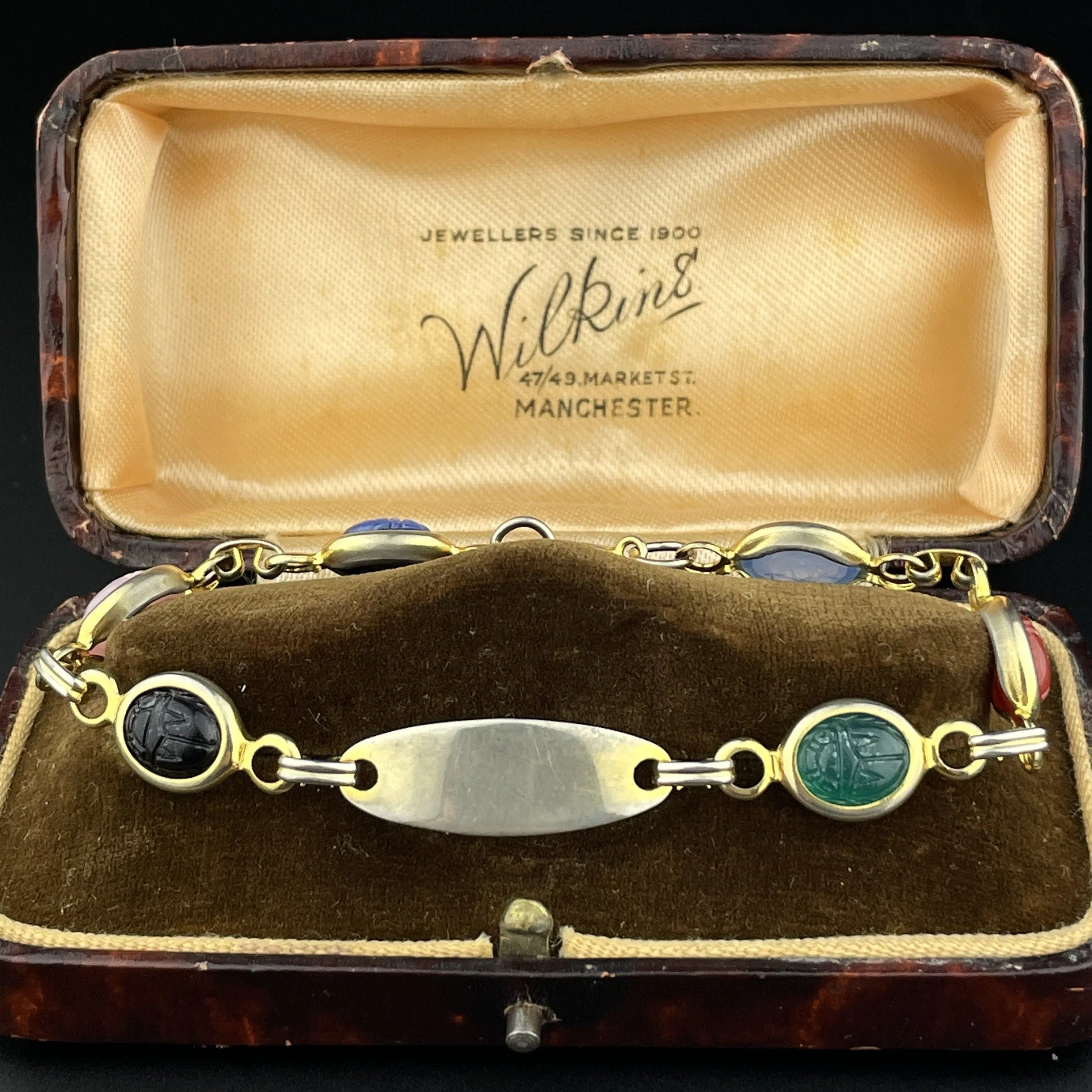 Vintage Chrysoprase, Quartz, Carnelian, Onyx Egyptian Beetle Bug Scarab Bracelet