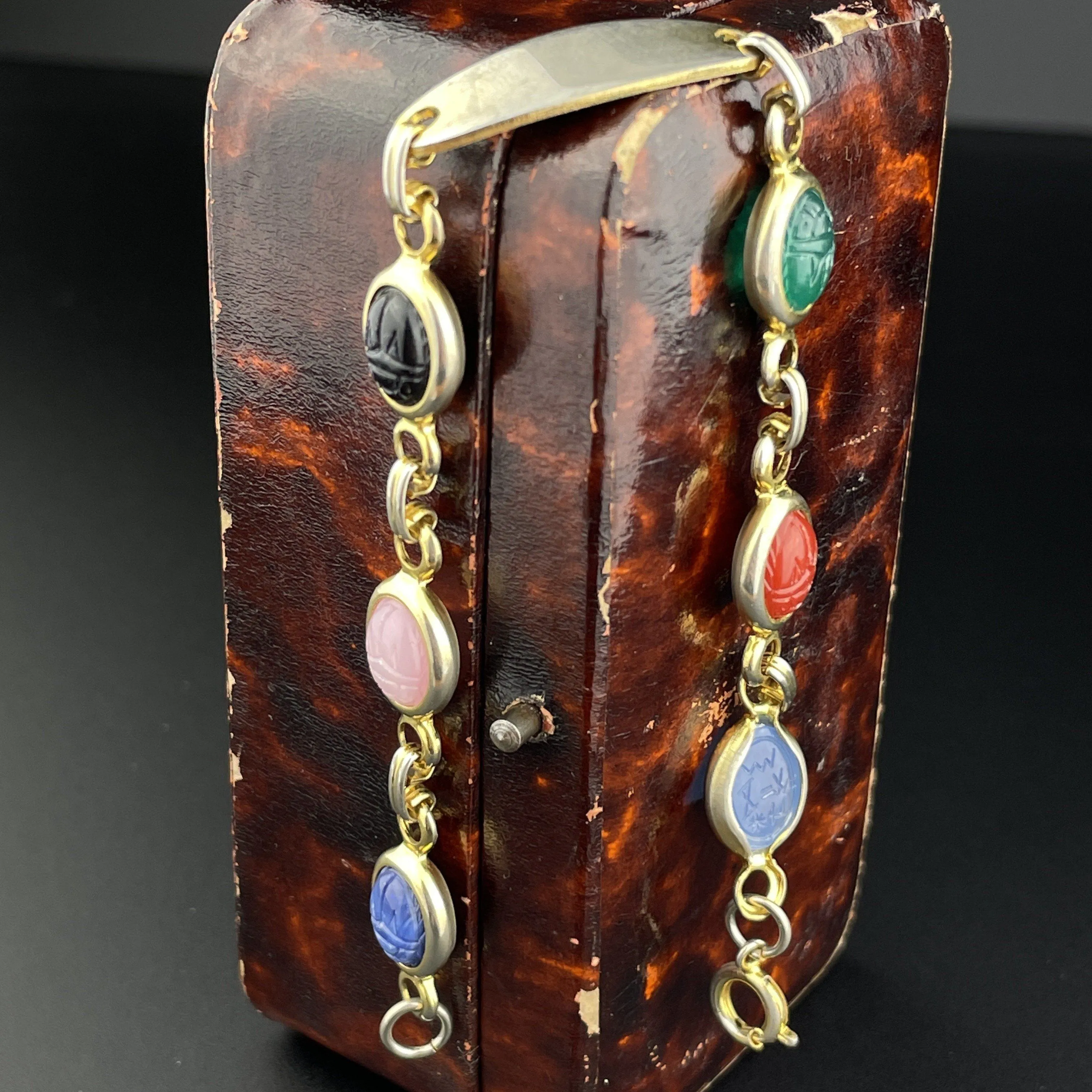 Vintage Chrysoprase, Quartz, Carnelian, Onyx Egyptian Beetle Bug Scarab Bracelet