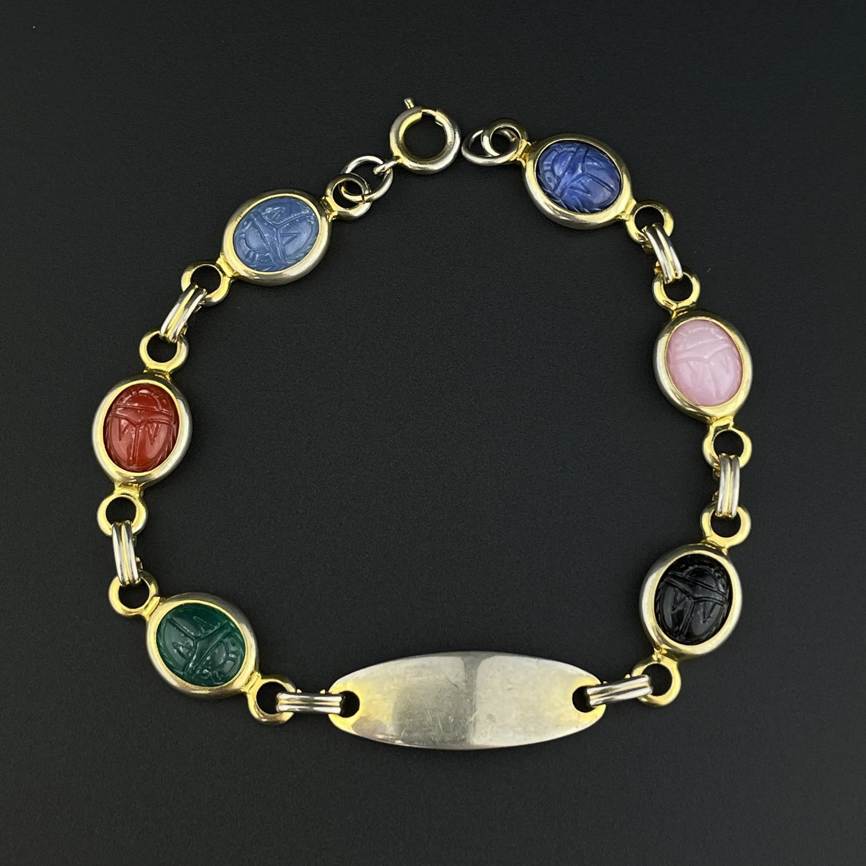 Vintage Chrysoprase, Quartz, Carnelian, Onyx Egyptian Beetle Bug Scarab Bracelet